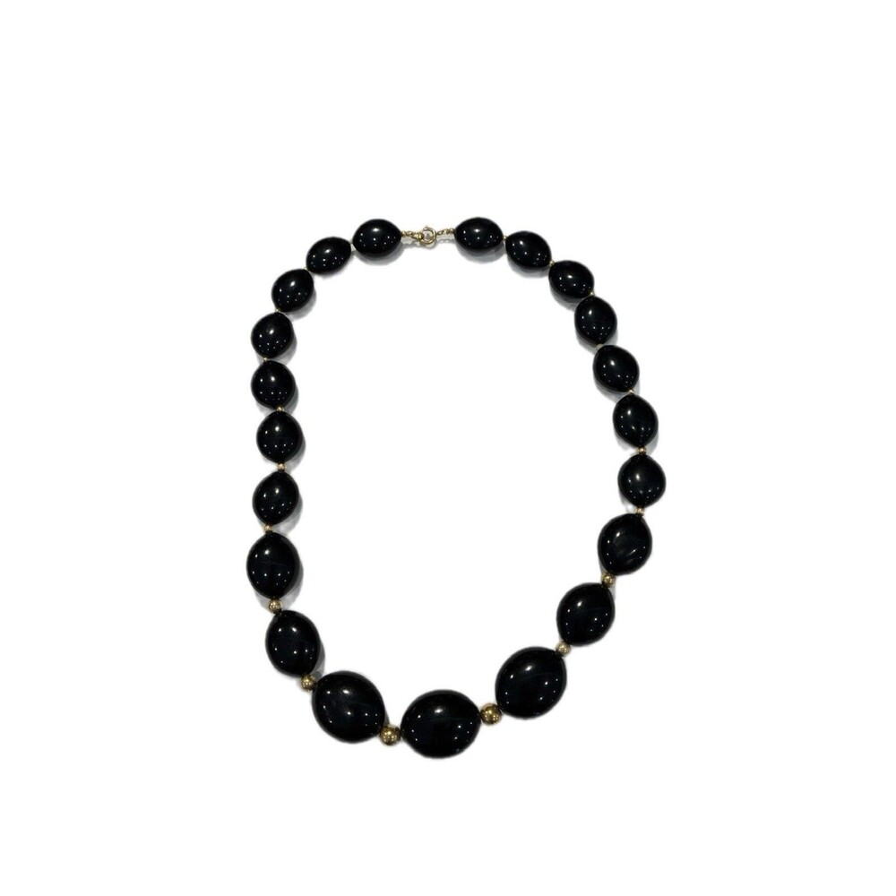 Vintage Black Glass Beaded Necklace Collar Gold-Tone Women’s Unmarked